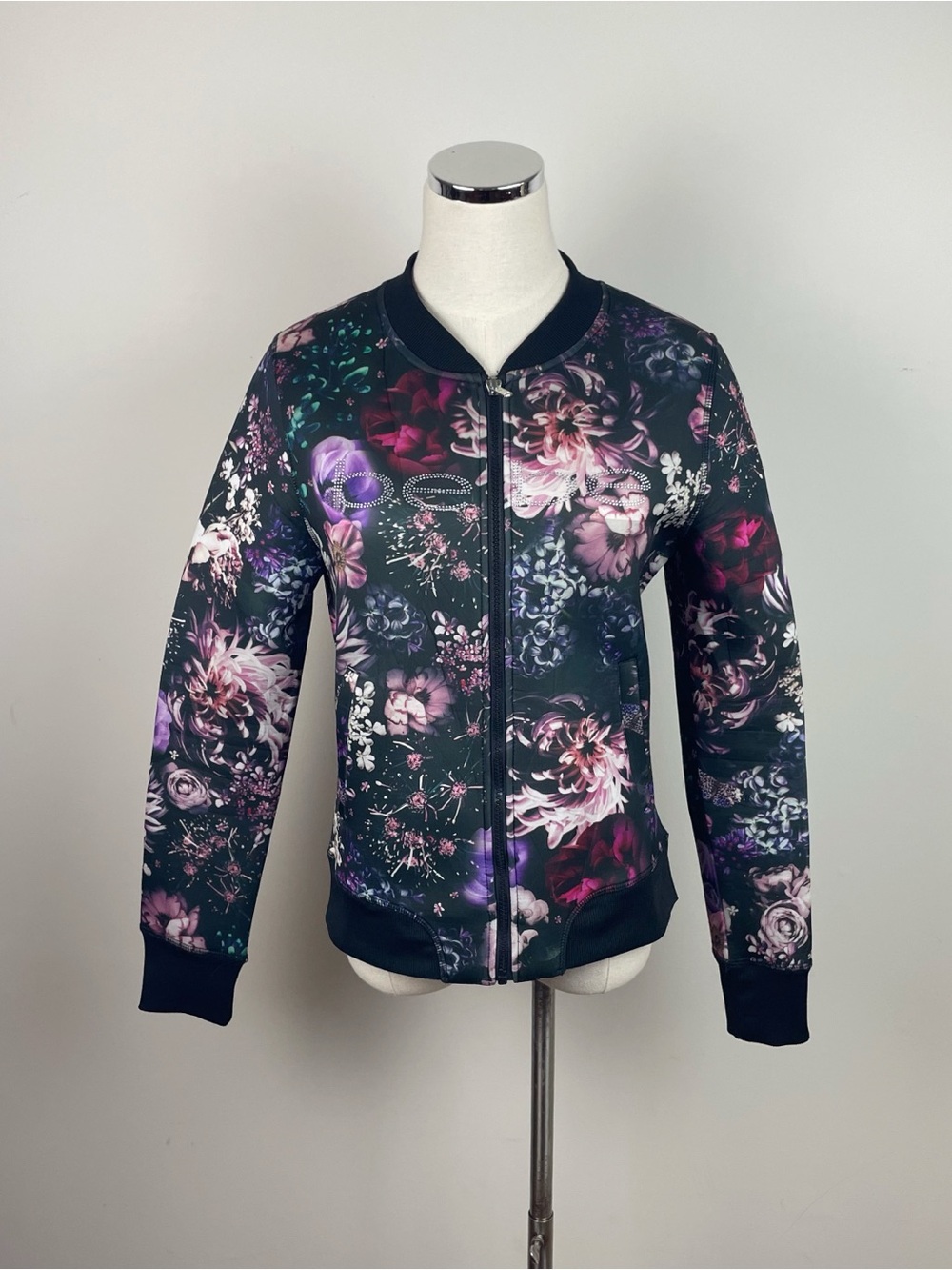 Bebe Sport Black Pink Purple Floral Full Zip Jacket Women Small